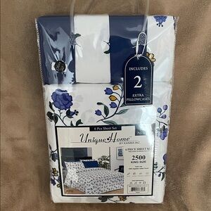 Floral King Sheet Set in White and Blue
